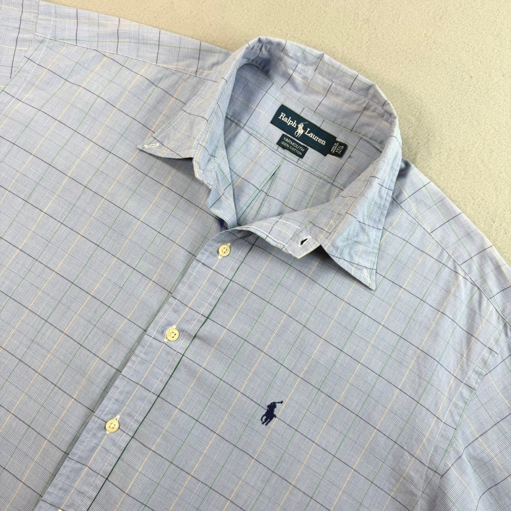 Ralph Lauren Blue Button Down 17.5 XL Plaid Yarmouth Short Sleeve Officewear